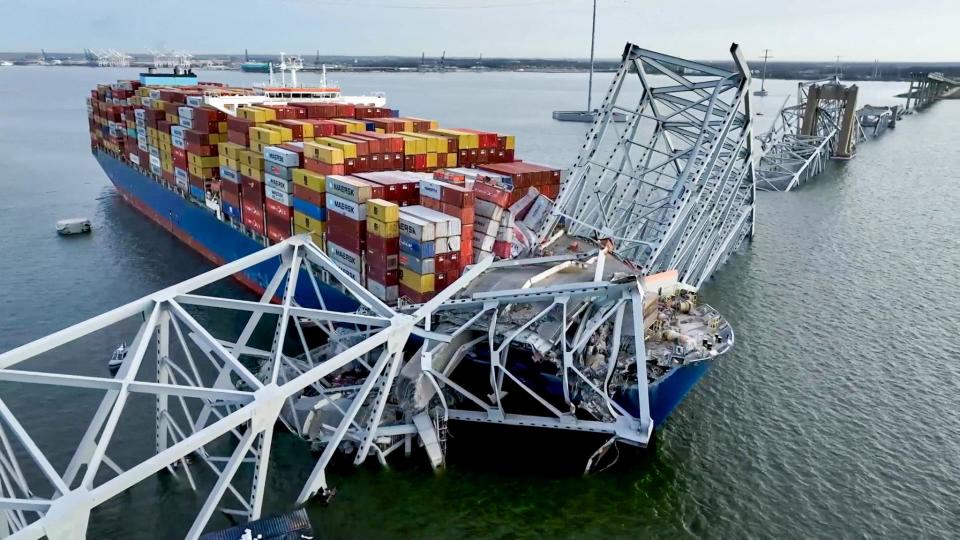 Drone footage shows aftermath of the Dali container ship's collision into the Francis Scott Key Bridge in Baltimore, Maryland, on March 26, 2024.