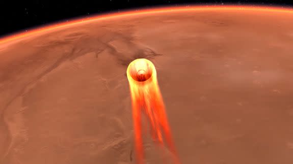 An artist's conception of the protected InSight lander plummeting through the Martian atmosphere.