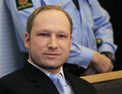 A file photo taken on February 6, shows Norwegian rightwing extremist Anders Behring Breivik during a court appearance in Oslo. Breivik, who killed 77 people in twin attacks in Norway last year, goes on trial in Oslo on Monday where proceedings will focus on whether or not he is sane