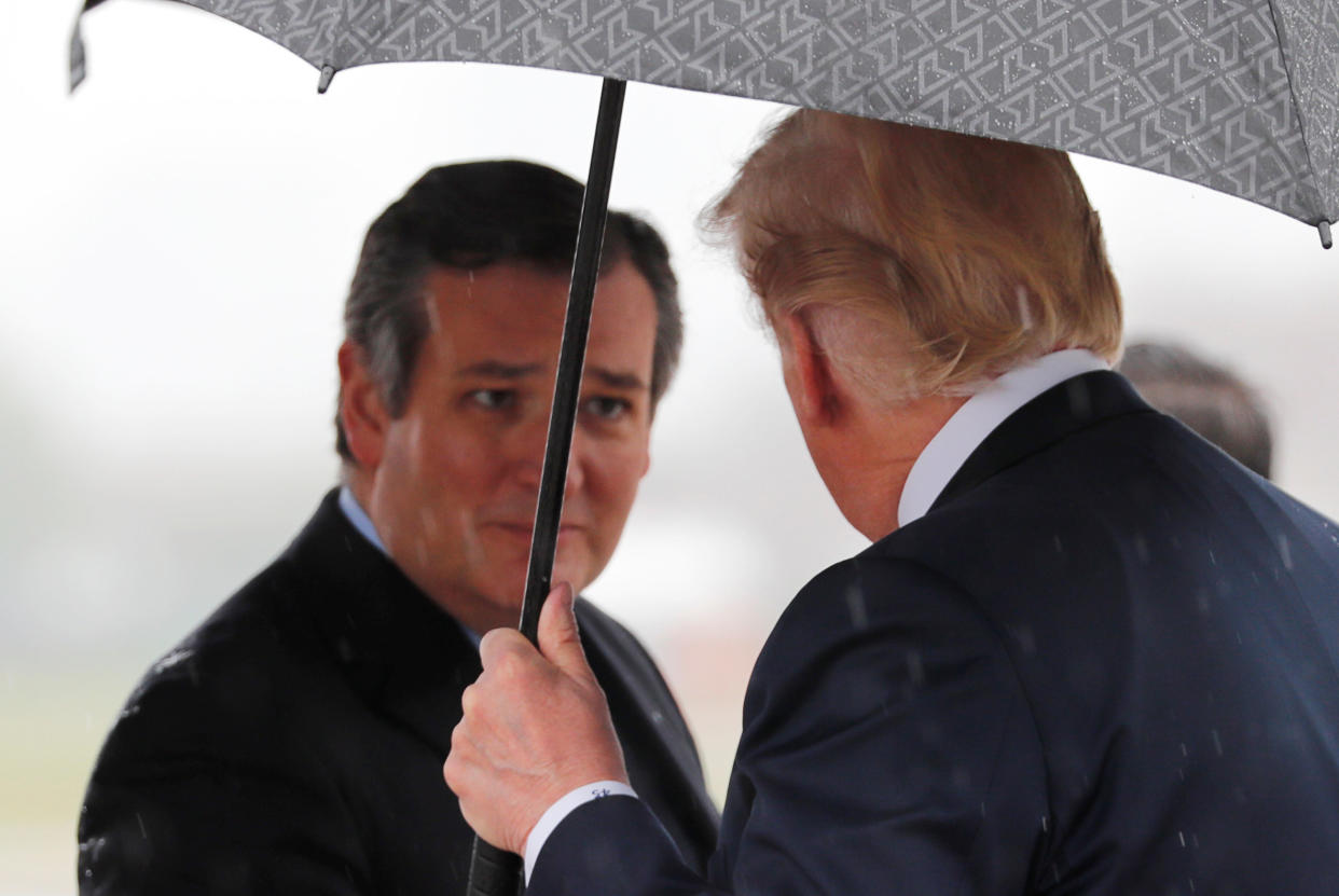 Sen. Ted Cruz (R-Texas) speaks to President Donald Trump in the rain.&nbsp; (Photo: Carlos Barria / Reuters)