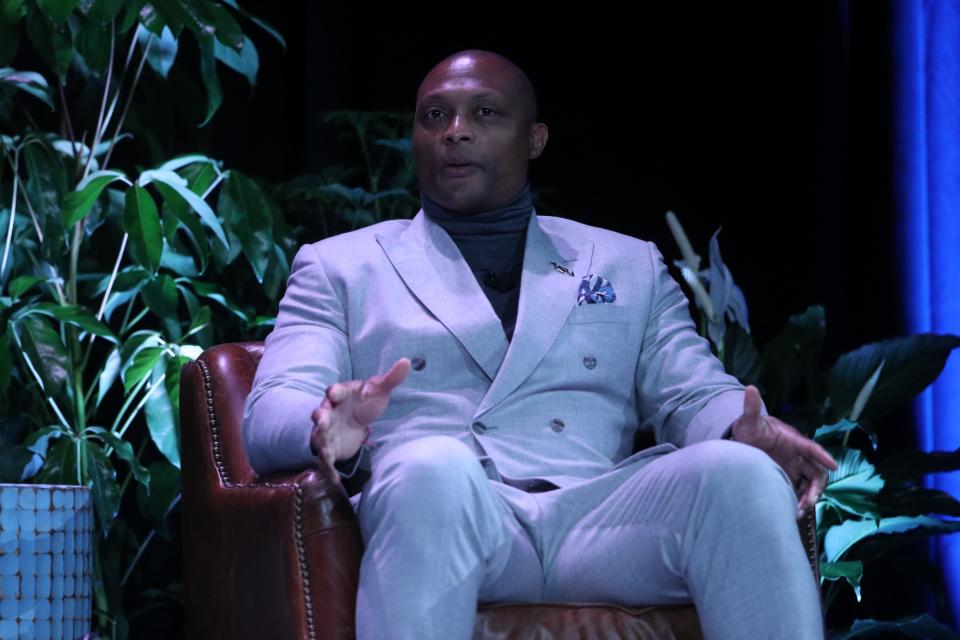 Eddie George, a former NFL player and current Tennessee State University head football coach, speaks at a symposium prior to the Memphis Grizzlies' Martin Luther King Jr. Day celebration game.
