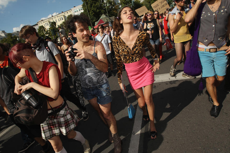 BERLIN, GERMANY - AUGUST 13: Women participate the "Slut Walk" march on August 13, 2011 in Berlin, Germany. Several thousand men and women turned out to protest against rape and a woman's right to her body. (Photo by Sean Gallup/Getty Images)