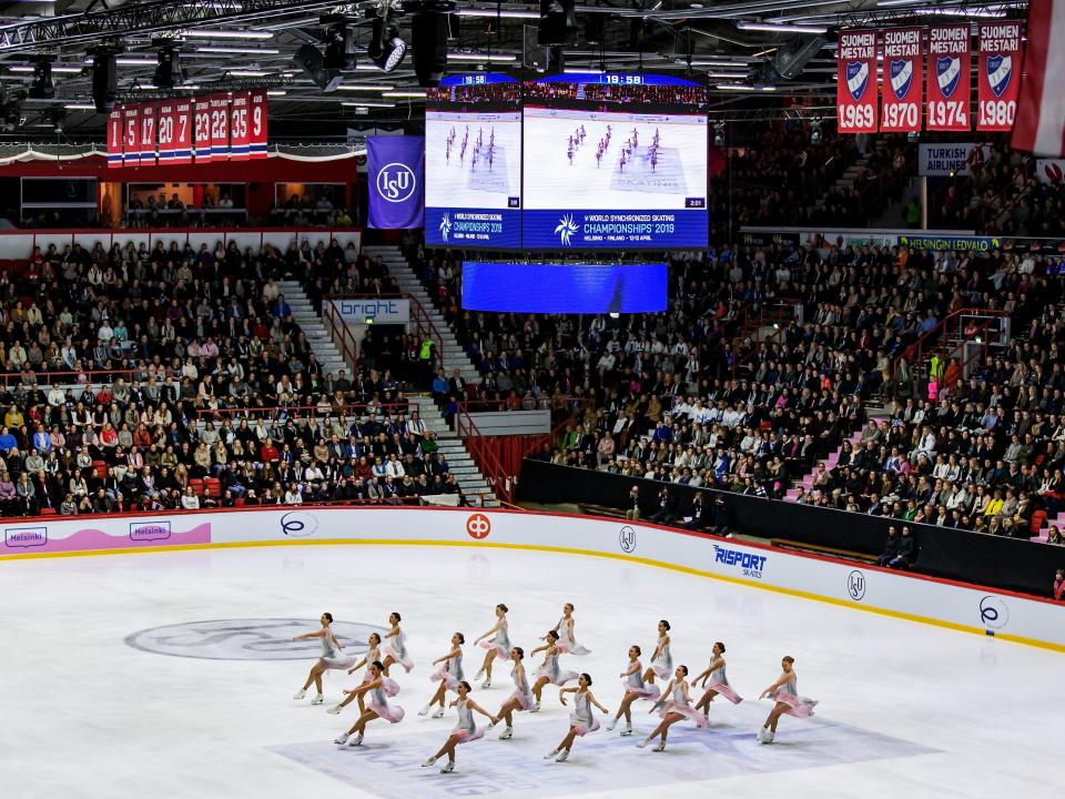 Team Paradise of Russia perform in the Short Program during day one of the ISU World Synchronized Skating Championships at Helsinki Arena on April 12, 2019.