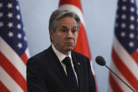 U.S. Secretary of State Antony Blinken talks to journalists during a joint news conference with Turkish Foreign Minister Mevlut Cavusoglu following their meeting in Ankara, Turkey, Monday, Feb. 20, 2023. (AP Photo/Burhan Ozbilici)