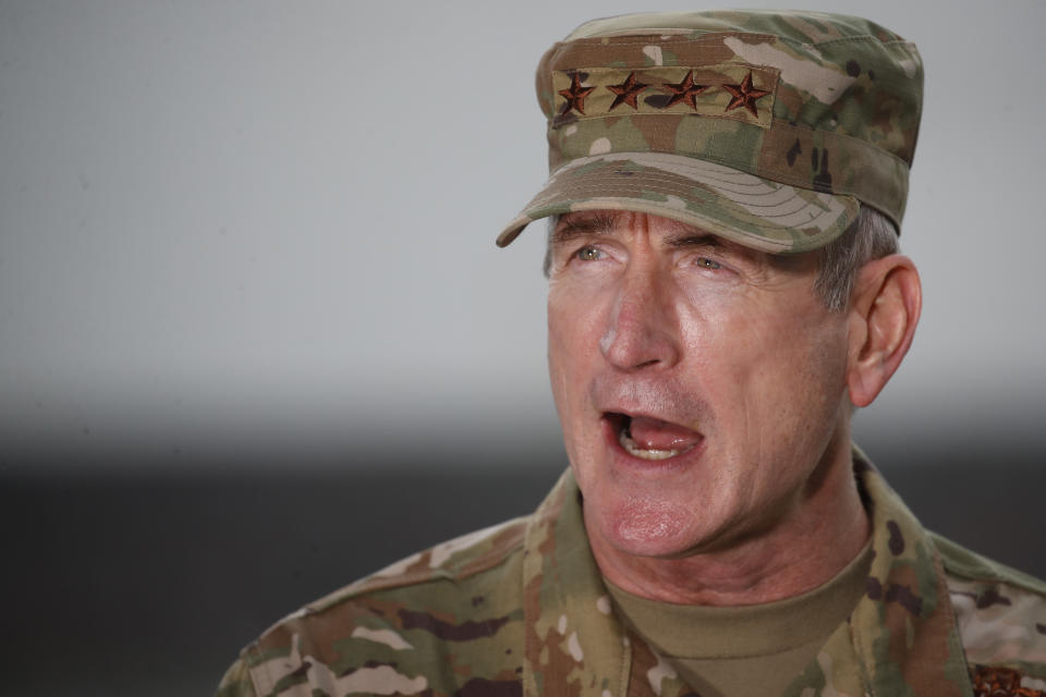 United States Air Force General Terrence O’Shaughnessy, commander of the United States Northern Command, speaks to reporters before the departure of the USNS Naval Hospital Ship Comfort, Thursday, April 30, 2020, in the Manhattan borough of New York. (AP Photo/John Minchillo)