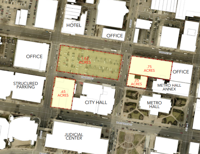 More than three acres of city-owned property along Jefferson and Market streets in downtown Louisville, dubbed the "Louisville Civic Center" lot, are up for redevelopment. Louisville-based Weyland Ventures beat out two other developers to have a first opportunity to transform the site, a mix of parking, office space and vacant lots.