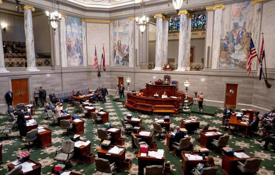 Missouri state senators debate a bill in the Senate chamber on Tuesday, March 7, 2023, at the state Capitol in Jefferson City, Mo.