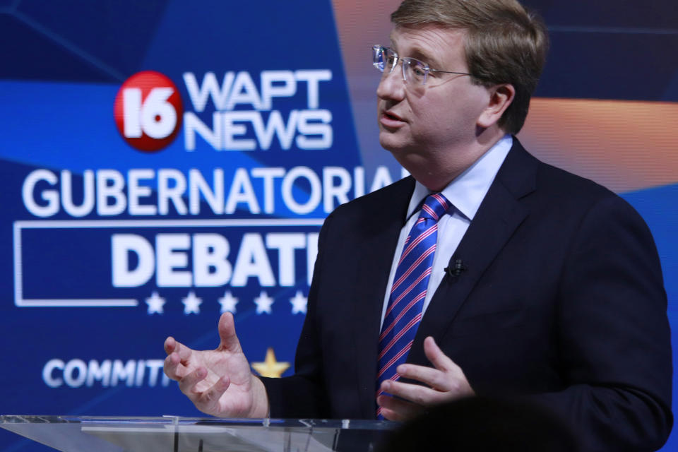 Republican Mississippi Gov. Tate Reeves responds to a question during a televised gubernatorial debate with the Democratic nominee Brandon Presley, Wednesday, Nov. 1, 2023, in Jackson, Miss. (Brett Kenyon/WAPT via AP)