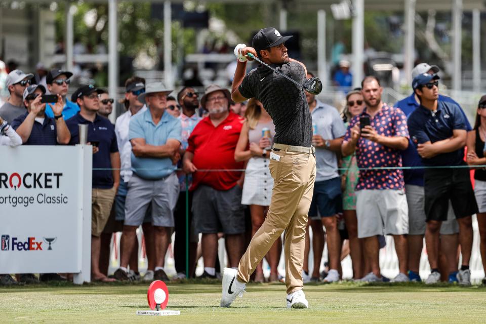 Tony Finau tees off on the par-4 third hole during Round 3 of the Rocket Mortgage Classic at the Detroit Golf Club in Detroit on Saturday, July 30, 2022.