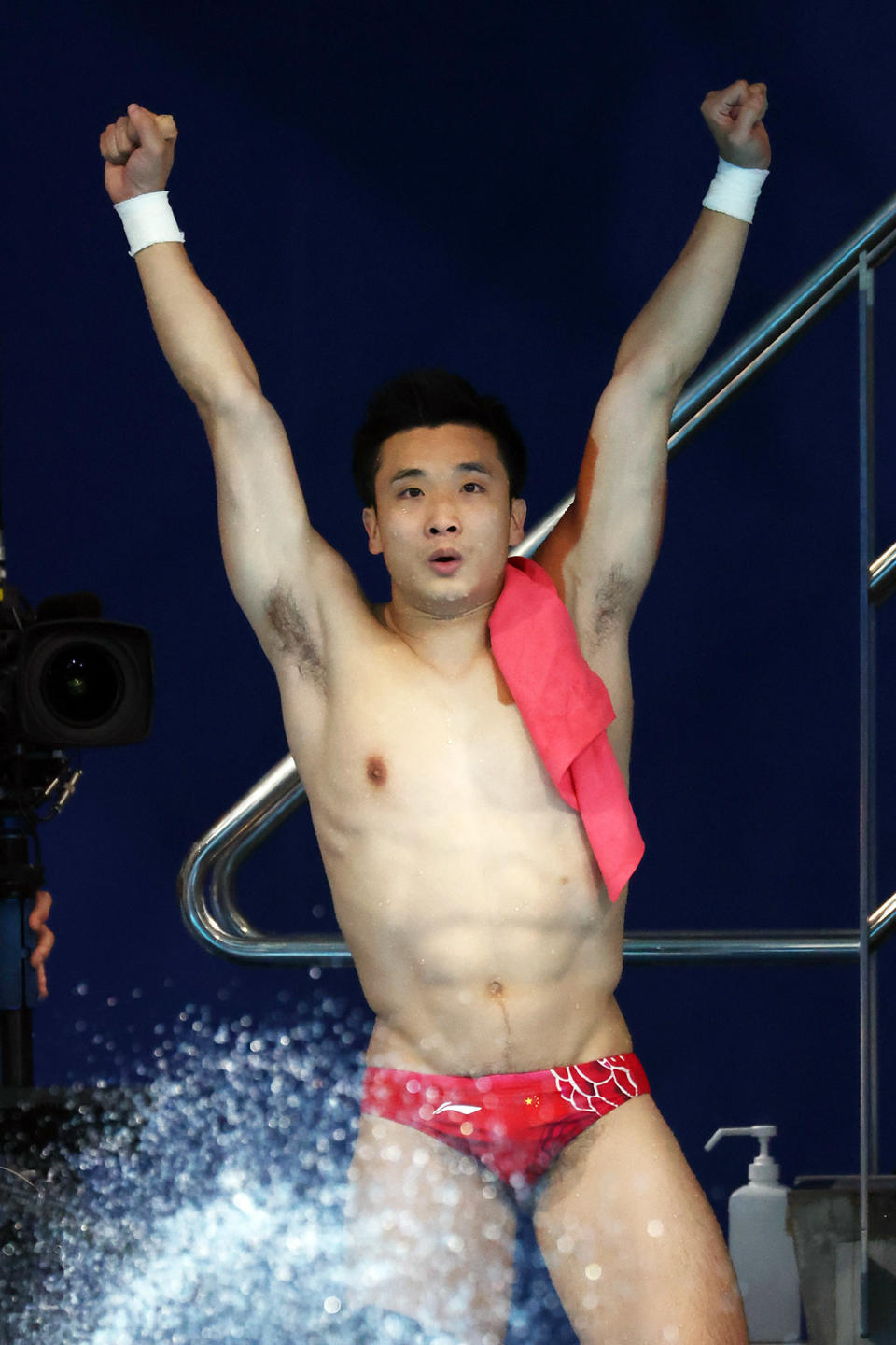 <p>Yuan Cao of Team China reacts after winning the gold medal in the Men's 10m Platform Final. </p>