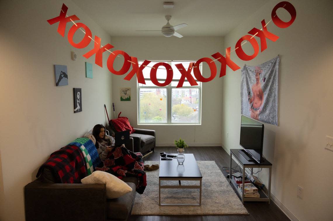 n 650 Lincoln, first year business student Vanessa Alamio sits at her computer on March 22, 2024. Alamo’s four bedroom apartment is still decorated with valentines day decor.