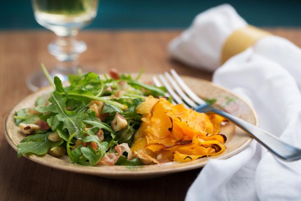 Roasted Butternut Squash Ribbons with Arugula, Pancetta, and Hazelnut Salad