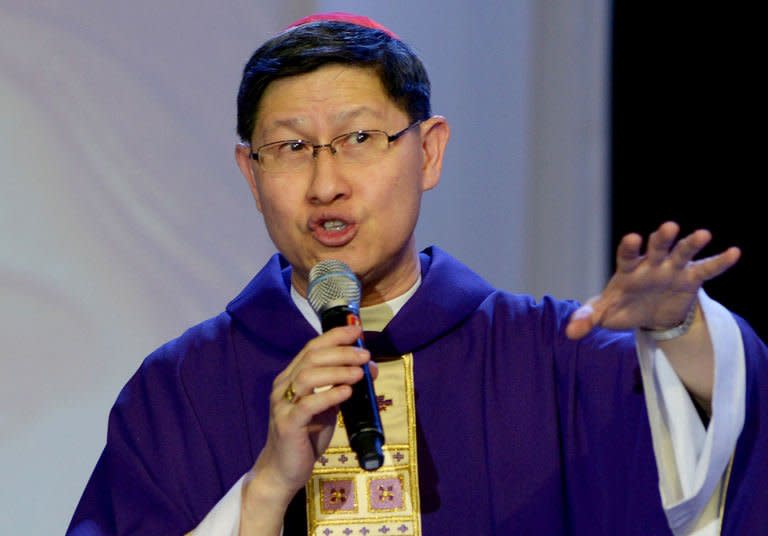 The Archbishop of Manila Cardinal Luis Antonio Tagle gives a mass to the faithful at a Catholic gathering in Manila on February 16, 2013. The priority given by Asian Catholics to "quality of faith" over quantity of faithful can help the Church, a Philippine cardinal seen as a candidate to succeed Pope Benedict XVI said