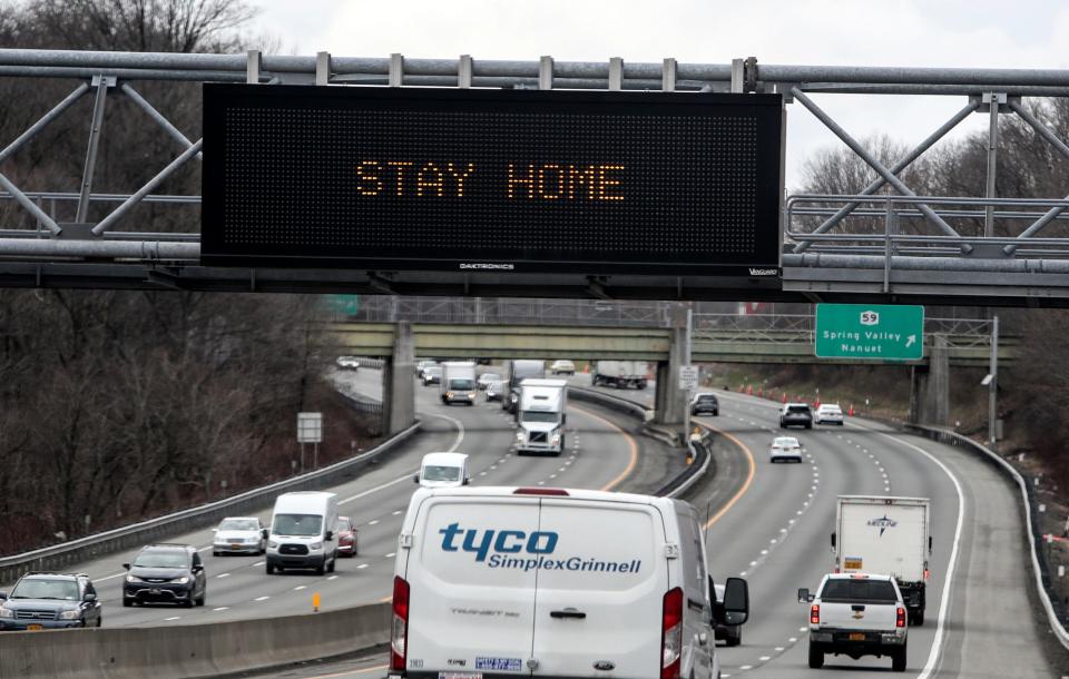 Signe on the New York State Thruway in Spring Valley on Tuesday, March 17, 2020 warning drivers to flatten the curve, stay home and stop the spread, save lives.