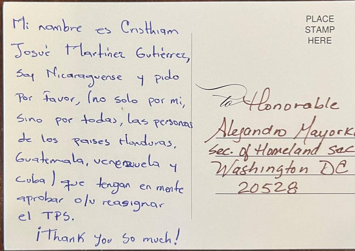 One of the postcards from a South Florida campaign asking Department of Homeland Secretary Alejandro Mayorkas to grant Temporary Protected Status, a form of immigration relief, to Nicaragua and other Central American nations.