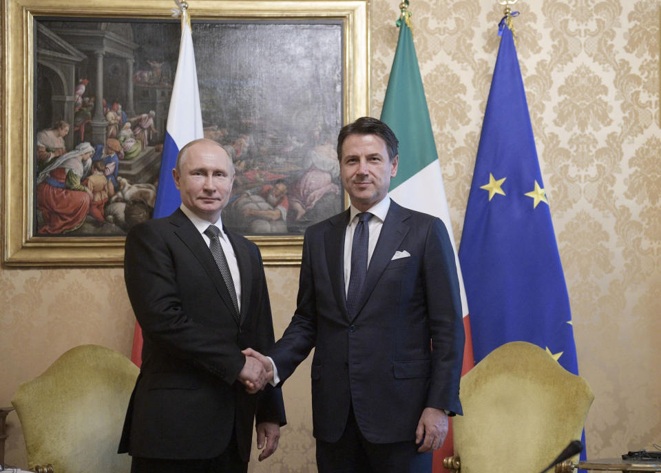 Italian Premier Giuseppe Conte, right, and Russian President Vladimir Putin pose for a photo at the Chigi palace in Rome, Thursday, July 4, 2019. Putin emphasized historically strong ties with Italy during a one-day visit to Rome that included a meeting with Pope Francis. (Alexei Druzhinin, Sputnik, Kremlin Pool Photo via AP)