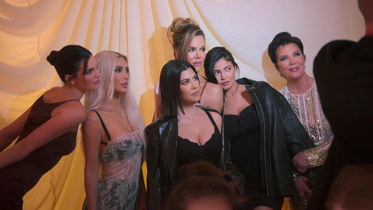 From left: Kendall Jenner, Kim Kardashian, Kourtney Kardashian Barker, Khloé Kardashian, Kylie Jenner and Kris Jenner on the third season of The Kardashians