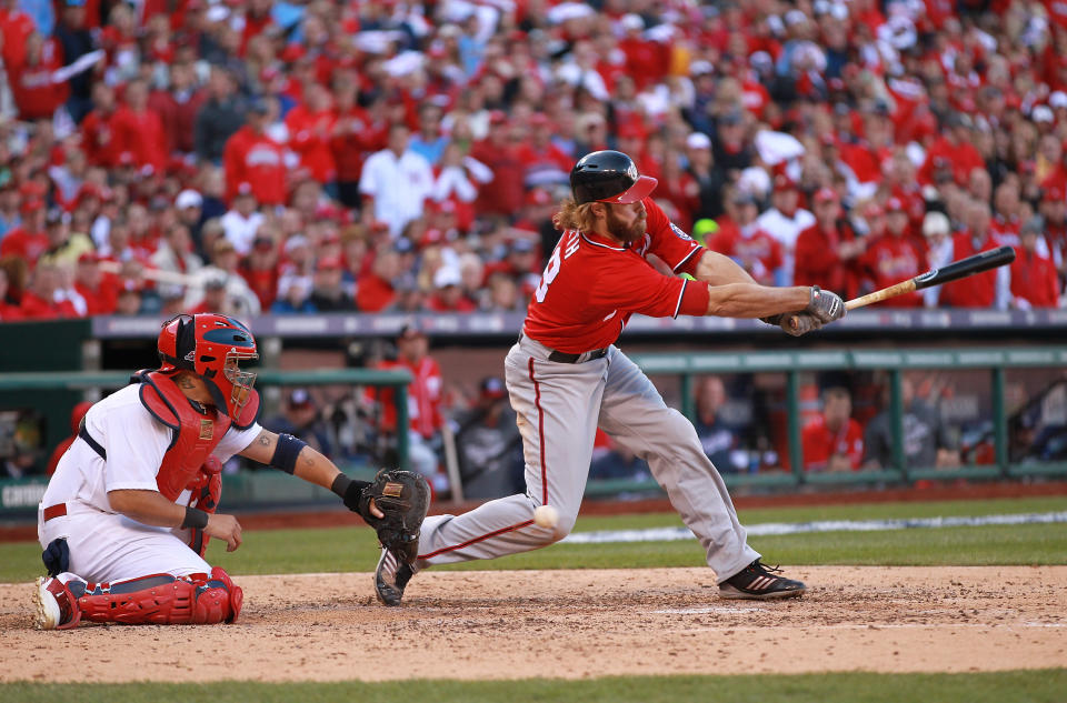 Jayson Werth of the Washington Nationals strikes out to end the top of the sixth inning against the St Louis Cardinals during Game One of the National League Division Series at Busch Stadium on October 7, 2012 in St Louis, Missouri. (Photo by Dilip Vishwanat/Getty Images)