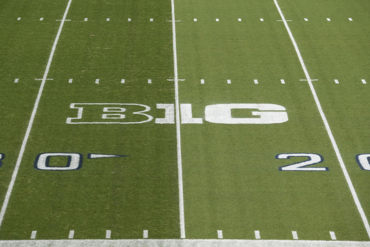 The Big Ten logo is painted between the 30 and 40 yard lines at Beaver Stadium before an NCAA college football game between Indiana and Penn State in State College, Pa., on Saturday, Oct. 02, 2021. (AP Photo/Barry Reeger)