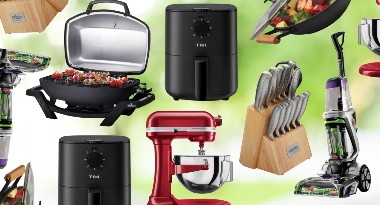 collage of canadian tire products on green background: red kitchenaid mixer, knife set, vacuum, tfal air fryer, bbq