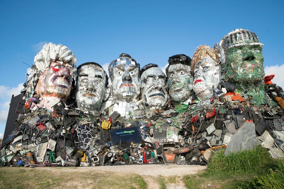 The ‘Mount Rushmore’ sculpture on Sandy Acres Beach in Cornwall (PA)