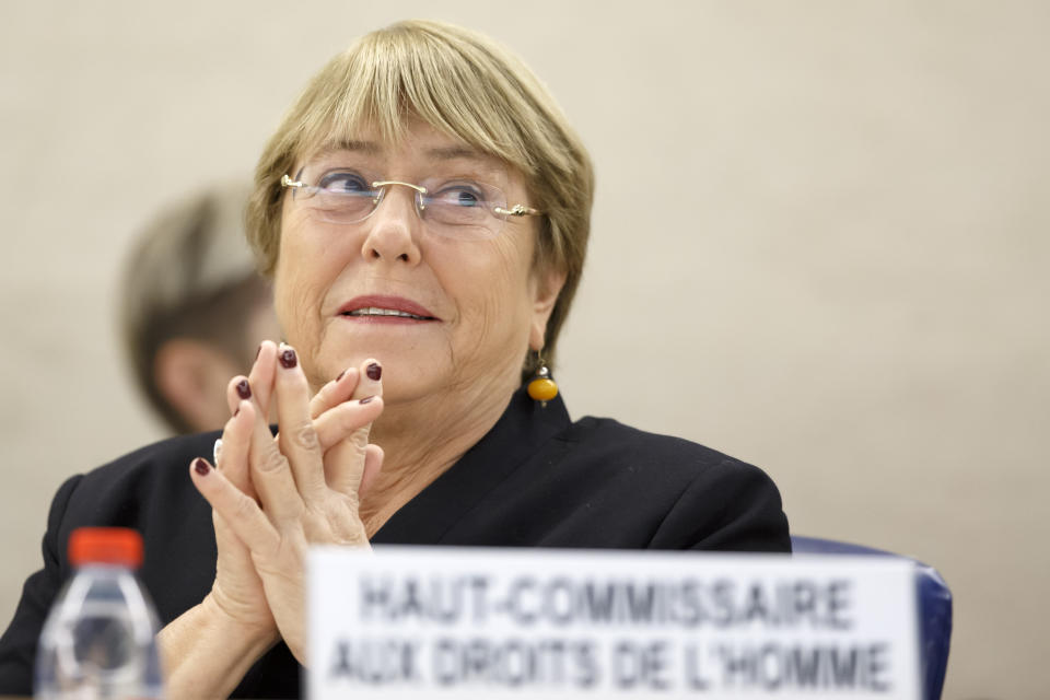 U.N. High Commissioner for Human Rights, Michelle Bachelet, attends the opening of 42nd session of the Human Rights Council at the European headquarters of the United Nations in Geneva, Switzerland, Monday, Sept. 9, 2019. (Salvatore Di Nolfi/Keystone via AP)