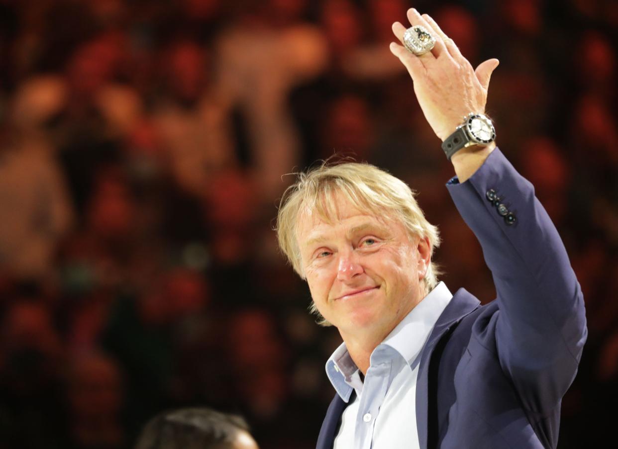 Bucks owner Wes Edens shows his ring during Milwaukee Bucks ring ceremony before the season opener vs. the Brooklyn Nets at Fiserv Forum in Milwaukee on Oct. 19, 2021.