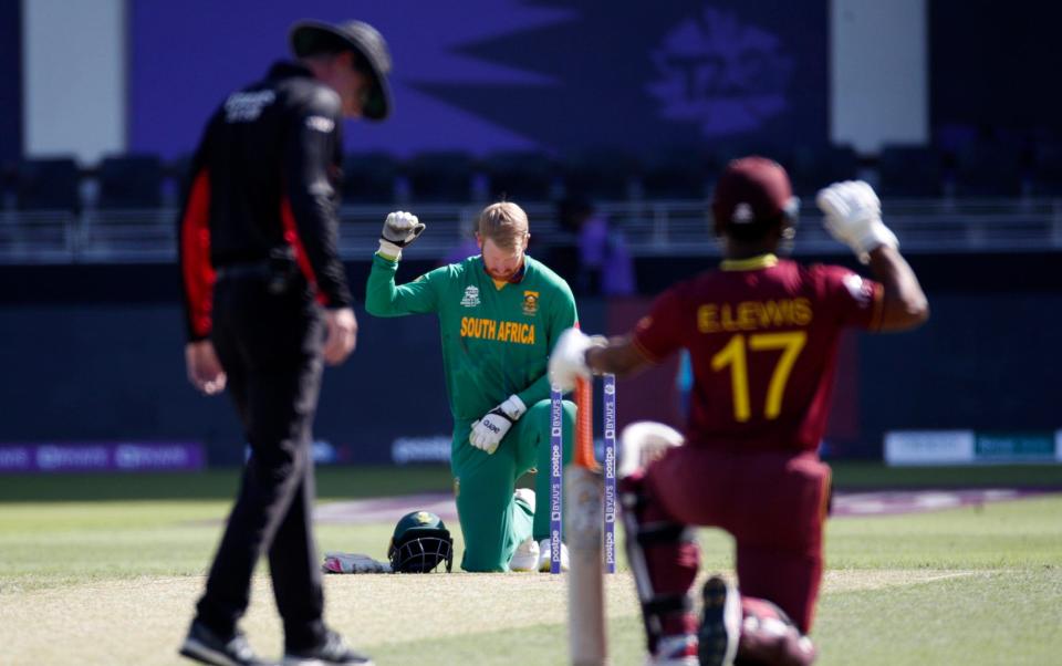 South Africa's Heinrich Klaasen takes the knee before the match. - REUTERS