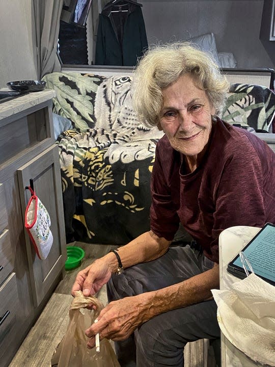 Jacob Hulse's mom, Gail Hedrick Hulse, now lives in a small trailer provided by the state after Hurricane Ida rendered the home both had been renting unlivable.
