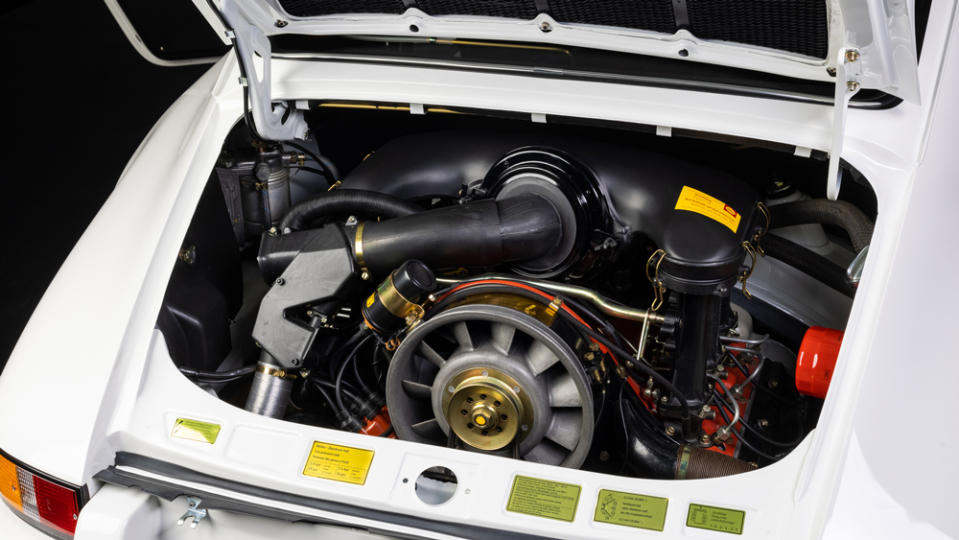 The 2.7-liter flat-six engine inside a 1973 Porsche 911 Carrera RS 2.7 Homologation.