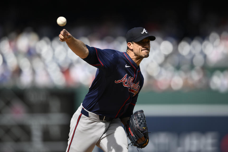 Atlanta Braves starting pitcher Charlie Morton throws during the first inning of a baseball game against the Washington Nationals, Saturday, June 8, 2024, in Washington. (AP Photo/Nick Wass)