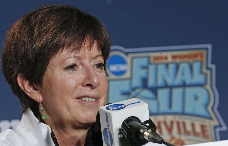 Notre Dame head coach Muffet McGraw answers questions during a news conference at the NCAA women's Final Four college basketball tournament Monday, April 7, 2014, in Nashville, Tenn. Notre Dame is scheduled to face Connecticut in the championship game Tuesday. (AP Photo/John Bazemore)