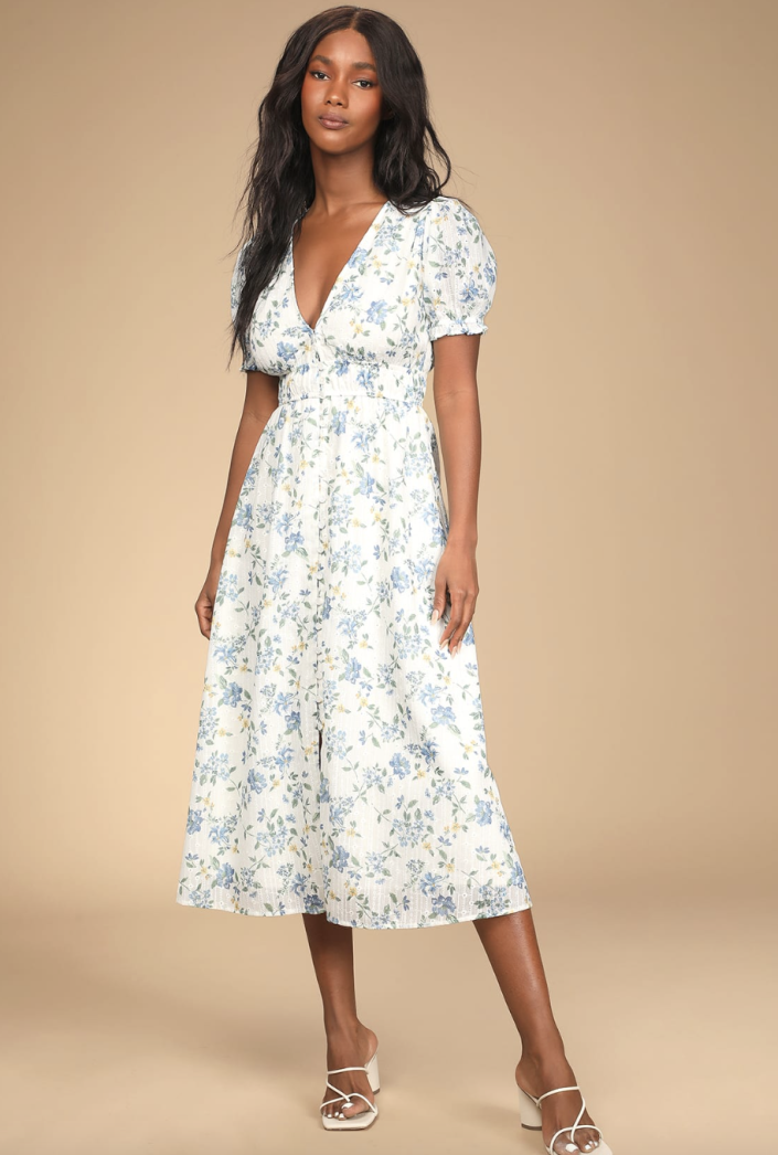 model in white heels and blue and white floral Visions of Spring White Floral Print Embroidered Midi Dress (Photo via Lulus)