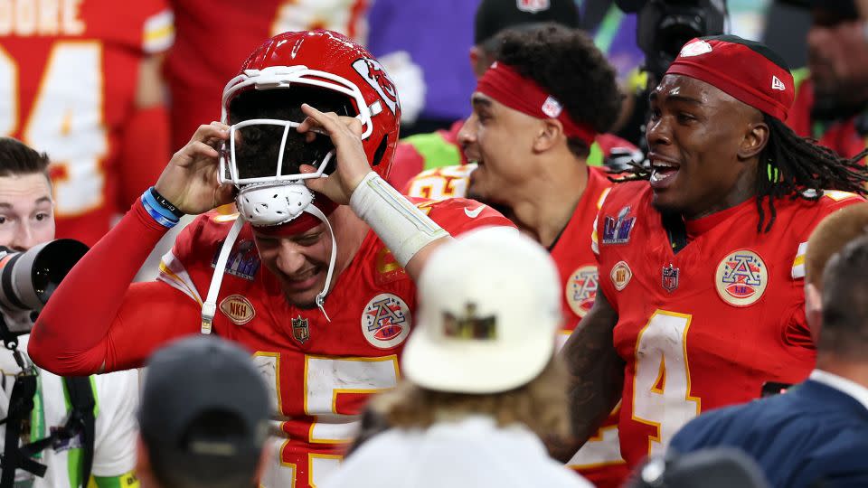 Patrick Mahomes celebrates with Rashee Rice (right) after defeating the San Francisco 49ers in Super Bowl LVIII. - Steph Chambers/Getty Images North America/Getty Images