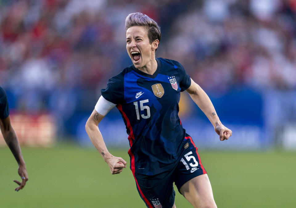 FRISCO, TX - MARCH 11: Megan Rapinoe #15 of the United States celebrates during a game between Japan and USWNT at Toyota Stadium on March 11, 2020 in Frisco, Texas. (Photo by Brad Smith/ISI Photos/Getty Images)