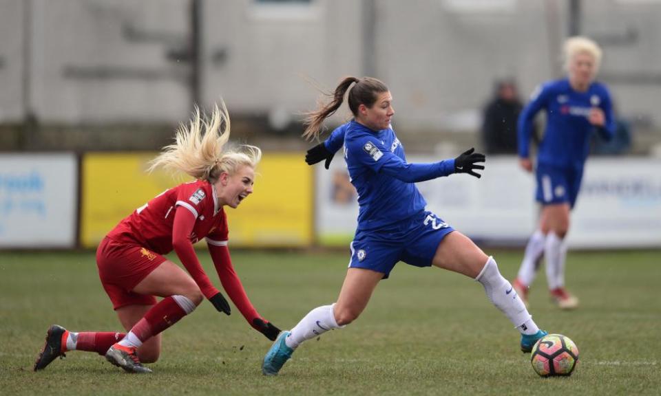 Chelsea’s Ramona Bachmann get the ball under control against Liverpool Ladies at Valerie Park on Sunday.