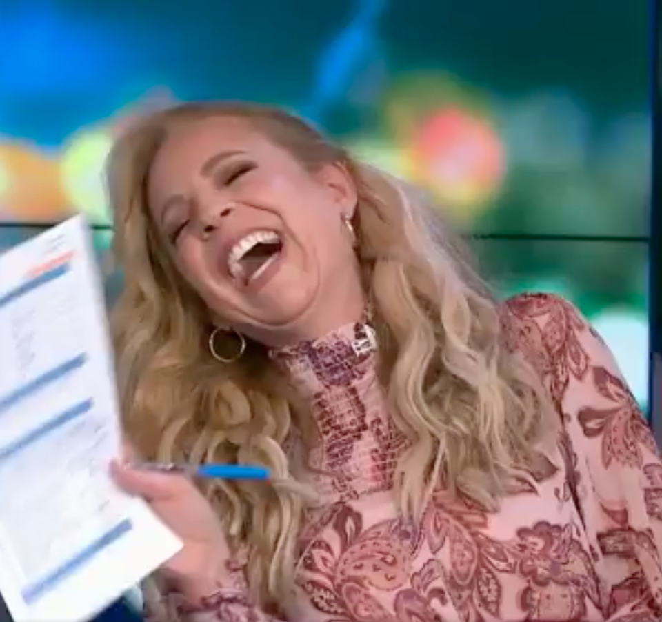 Carrie Bickmore laughing on The Project