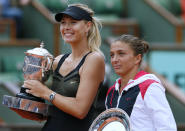 Russia's Maria Sharapova (L) the trophy after winning over Italy's Sara Errani (R) during their Women's Singles final tennis match of the French Open tennis tournament at the Roland Garros stadium, on June 9, 2012 in Paris. AFP PHOTO / PATRICK KOVARIKPATRICK KOVARIK/AFP/GettyImages
