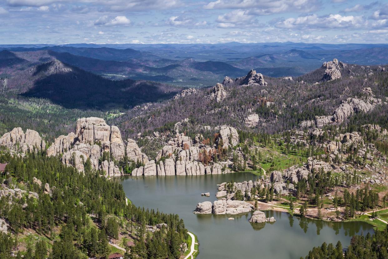 aerial view of sylvan lake and granite formations in the Black Hills