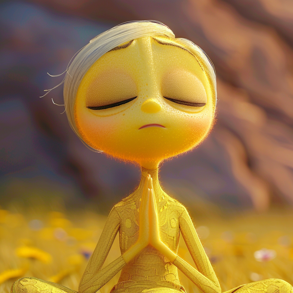 Character from "Grinch," Cindy Lou Who, meditating peacefully in a flower field