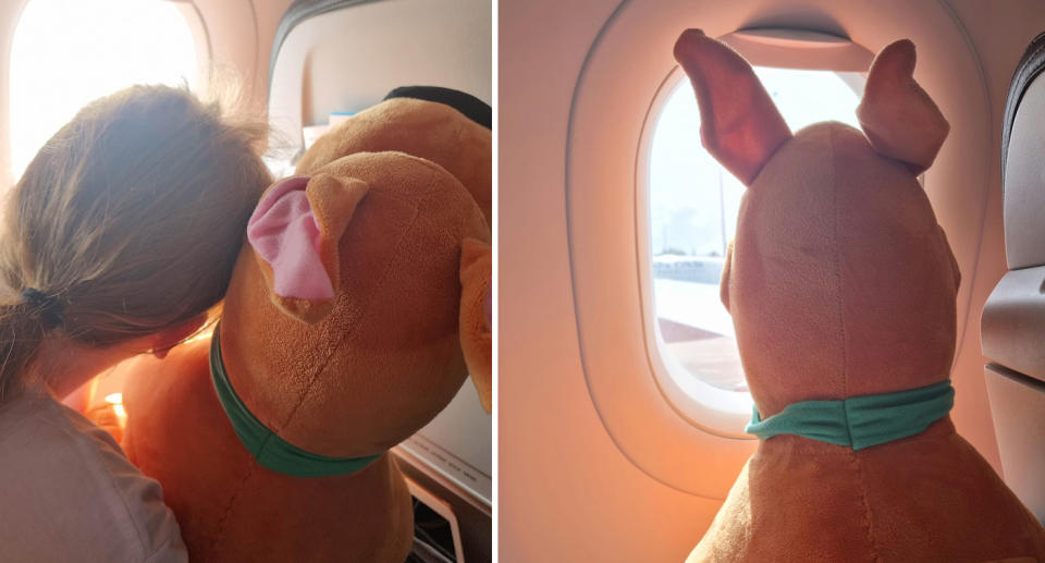 Left, Megan's daughter can be seen cuddling into her toy while looking out of the planes window. Right, a picture pf the toy. 