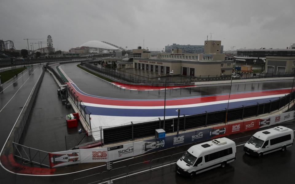 Photo by Yuri Kochetkov/EPA-EFE/Shutterstock (12465405g) General view of the Sochi Autodrom race track during heavy rain in Sochi, Russia, 25 September 2021. The third practice session of the 2021 Formula One Grand Prix of Russia was canceled due to heavy rainfal - Yuri Kochetkov/EPA-EFE/Shutterstock 