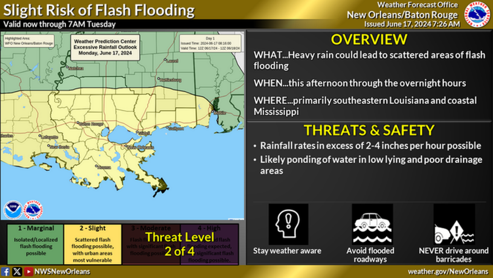 The National Weather Service said there was a slight risk of heavy rain and flash flooding on Monday.