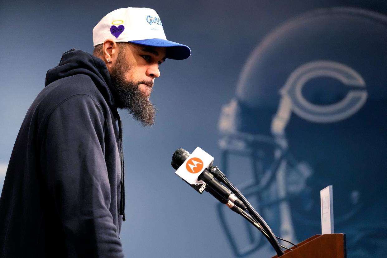 Chicago Bears WR Keenan Allen listens to reporters at a news conference on Saturday.