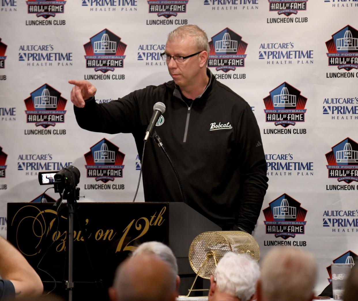 Sandy Valley graduate and Ohio University Mens Basketball Coach Jeff Boals speaks at the Pro Football Hall of Fame Luncheon Club. Monday, April 15, 2024.