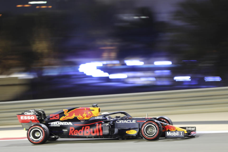 Red Bull driver Max Verstappen of the Netherlands steers his car during the qualifying session for Sunday's Bahrain Formula One Grand Prix, at the Bahrain International Circuit in Sakhir, Bahrain, Saturday, March 27, 2021. The Bahrain Formula One Grand Prix will take place on Sunday. (AP Photo/Kamran Jebreili)