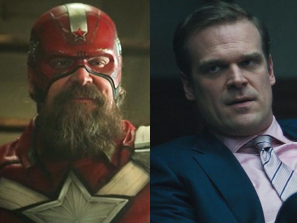 On the left: David Harbour as Alexei Shostakov/Red Guardian in "Black Widow." On the right: Harbour as Dexter Tolliver in "Suicide Squad."