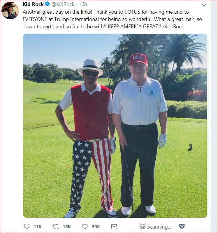 Musician Kid Rock posed with President Donald Trump at Trump International Golf Club in West Palm Beach in this photograph posted to Instagram on March 23, 2019.