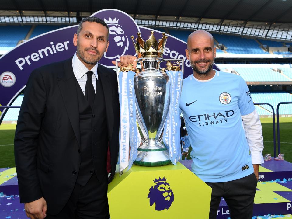 Manchester City chairman Khaldoon Al Mubarak (left) has faith in Pep Guardiola to build an era of domination: Getty