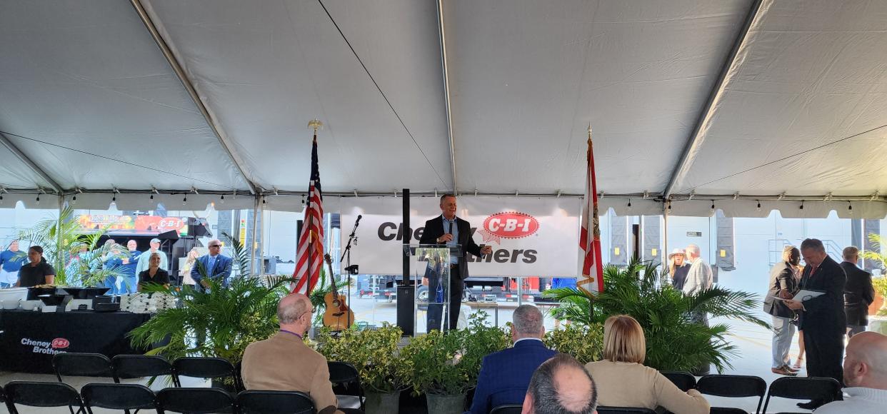 St. Lucie County Economic Development Council President Pete Tesch addresses the crowd at the grand opening of a new Cheney Brother facility in Port St. Lucie on Jan. 30, 2024.